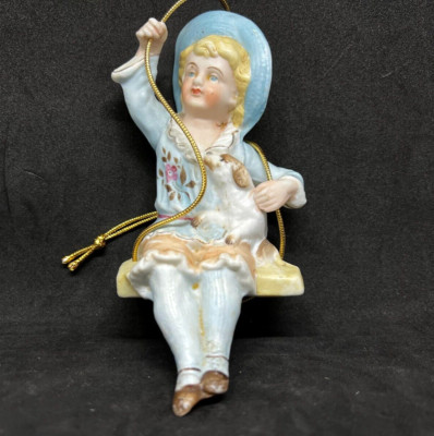 Antique German Porcelain Bisque Swinger-Girl On Swing w/Arms Up And Holding Dog!