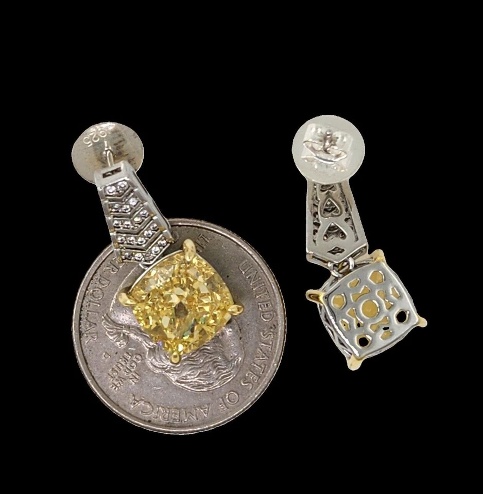 Aretes colgantes chapados en oro de 7/8"" con zafiro amarillo canario creado en plata 925 Foto 2 de 2