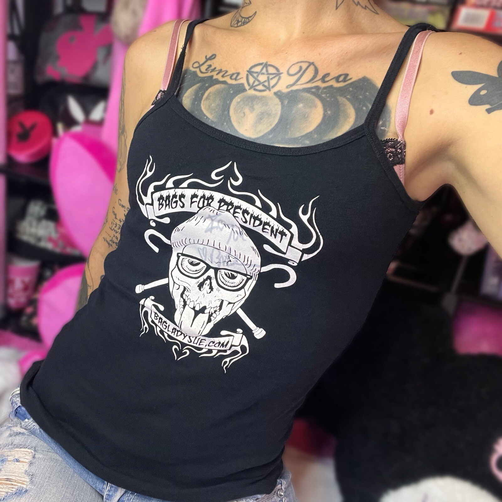 Bag Lady Sue Biker Style Skull Flames Autographed Tank Top Size Small