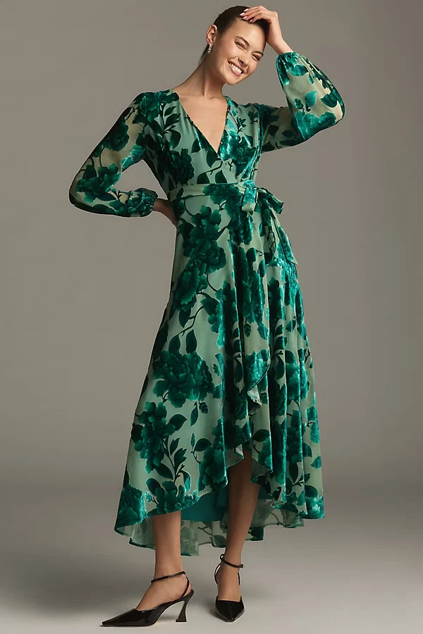 slim fit dress slacks BABARONI V-Neck Ruffled Bodice Max Velvet Dresses with Silt Olive Green, Olive Green / US0 main image 0