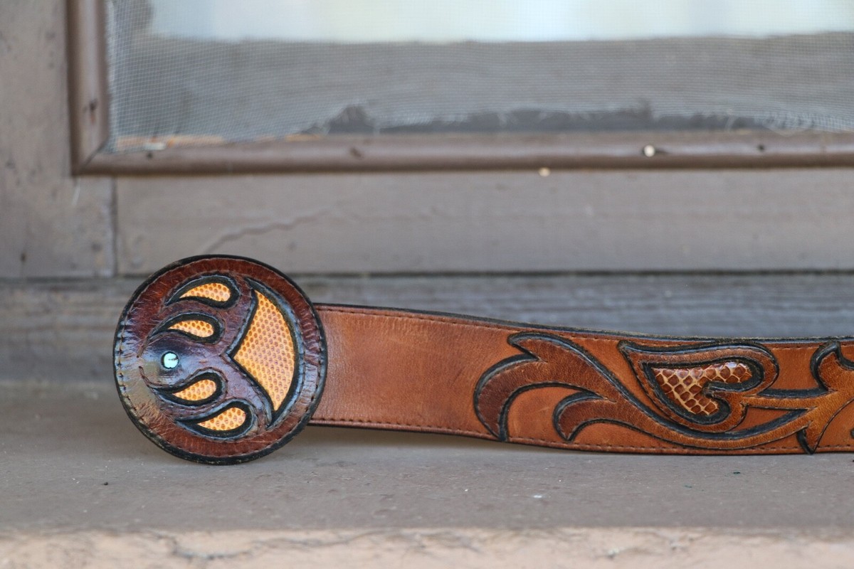 RARE 70s Vintage WYLY\'s Brown Leather Buckle Belt w/ Genuine Turquoise Women main image 3
