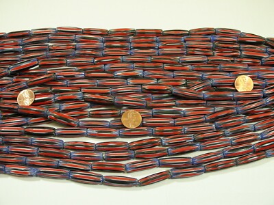 15 Strands 15'' India Handmade Long Oval Black/Red Chevron Glass Beads Lot (P-3)