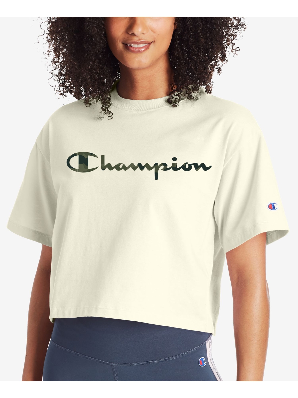 CHAMPION Womens Ivory Logo Graphic Short Sleeve Crew Neck Crop Top L