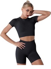 Workout Set Size Small New Black Crop Shirt High Waisted Shorts
