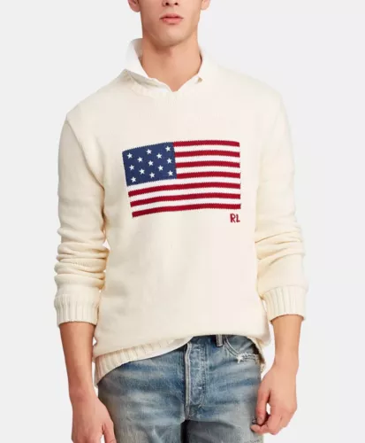 NWT Polo Ralph Lauren Cream ICONIC AMERICAN FLAG Knit Crewneck Sweater
