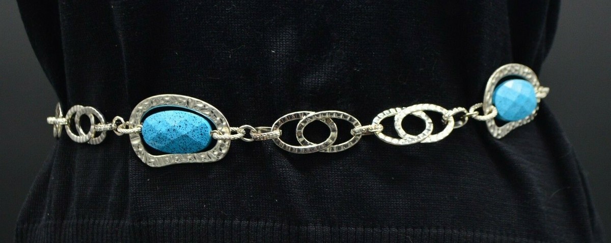 Turquoise Accent Silver-Tone Oval Link Belt Navajo Turquoise Sterling Silver Linked Concho Belt —*Native  main image 3