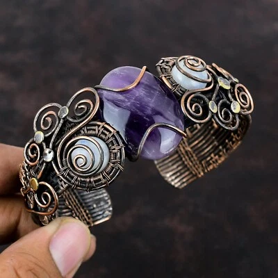 Copper Oval Natural Star Amethyst Rainbow Moonstone Wire Wrapped Cuff Bracelet - Image 1 of 4