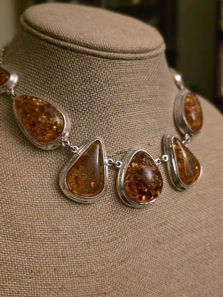 Vintage Genuine Amber Necklace, Silver Plated 15" w/ 3" Extender, Eye-Catching - Image 3 of 4