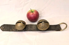 Early Antique Horse Brass Pedal Sleigh Bells on Leather Strap