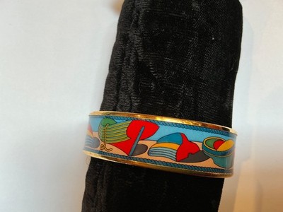 HERMES Enamel PM 65 Wide Bangle Bracelet Gold rim, THALASSA,  Blue, red, green