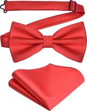 Branduce Mens Solid Color Double Fold Pre-tied Bow Tie and Pocket Square Set Red