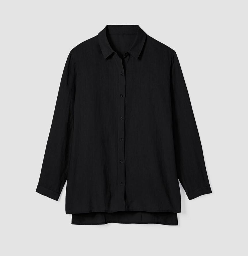 New Eileen Fisher Black Organic Linen Classic Collar Shirt Size S