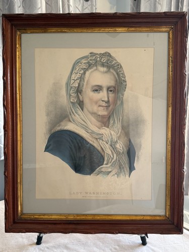 Antique Currier & Ives Lady Washington Lithograph Hand Colored c1860 Large Frame