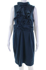 Adrianna Papell Womens Ruffled Mock Neck Sleeveless Sheath Dress Blue Size 14