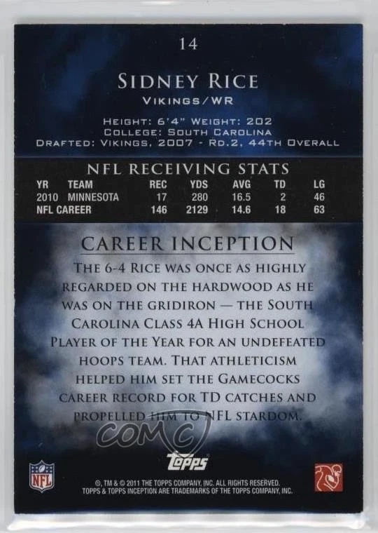 2011 Topps Inception Blue /209 Sidney Rice #14 - Image 2 of 2