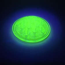 Vaseline Uranium Glass Flower Frog 15 Hole 4.25" Flat Disk Depression Era Glows