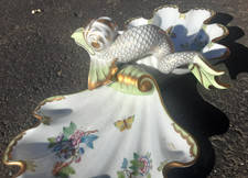 Herend Porcelain Queen Victoria Double Shell Serving Dish fish Dolphin sm chip