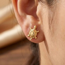 14K Solid Yellow Gold Turtle Stud Earrings Stamped Cute Sea Tortoise Gift