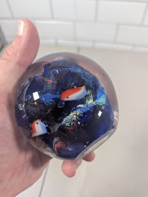 Art Glass Paperweight Orange Fish Sphere Globe Blue Waves Ocean Murano Style 3''