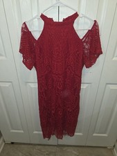 Love, Fire Red Floral Lace Bodycon Cold Shoulder High Neck Knee Dres Size L