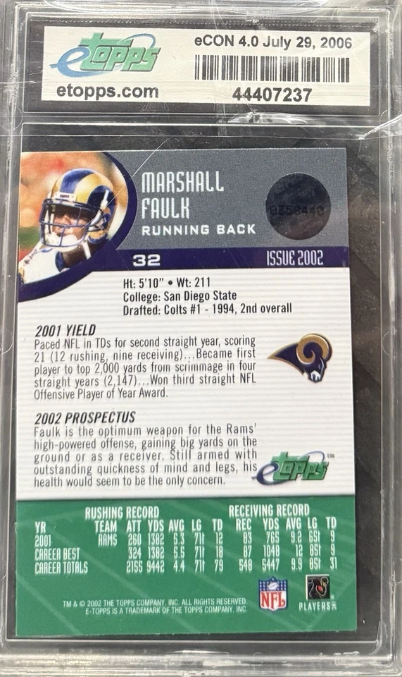 1/1 Marshall Faulk Refractor 2002 E-Topps #32 E-Convention 4 sellado Foto 2 de 2