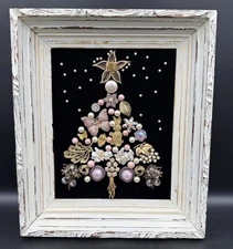 VTG Costume Jewelry Christmas Tree Framed Art Wall Décor Velvet Pink Gold Ivory