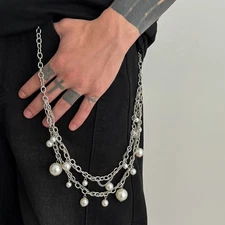Mens Cleanfit Pearl Beaded Wallet Chain Keychain Jeans Pants Chain Y2K Bag Chain
