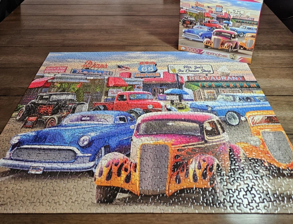 SPRINGBOK "Classic Car Show" 1000 pc jigsaw puzzle ROUTE 66 Hot Rods - Red Truck - Image 2 of 4