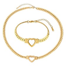 Chunky Flat Curb Chain Necklace and Bracelet Set/Silvery Stainless Steel Gold