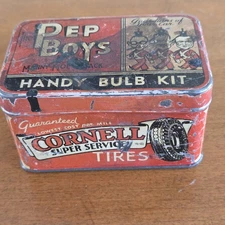 Vintage Pep Boys Handy Bulb Kit Tin Connell Tires, Cadet Batteries Advertising