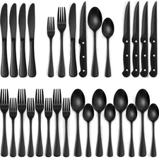 24-Piece Black Silverware Set with Steak Knives, Black Flatware Set for 4, Food-