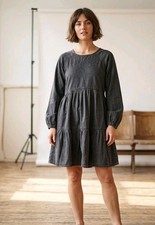Madewell XS Dress Black Cotton Tiered Mini Long Sleeve Babydoll Faded Wash