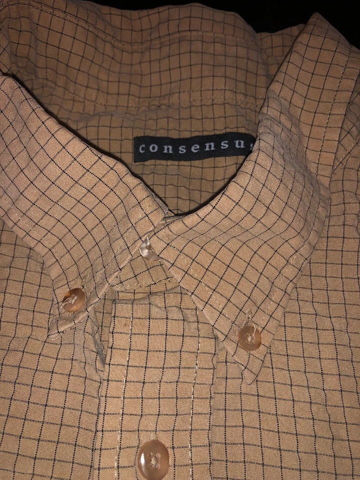Consensus Mens Button Down Beige Plaid Long Sleeve 2XL XXL - Image 4 of 4