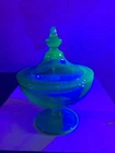 Vintage Fostoria Glass Co.  Uranium Green Footed Candy  Dish & Lid Glows 5.75"