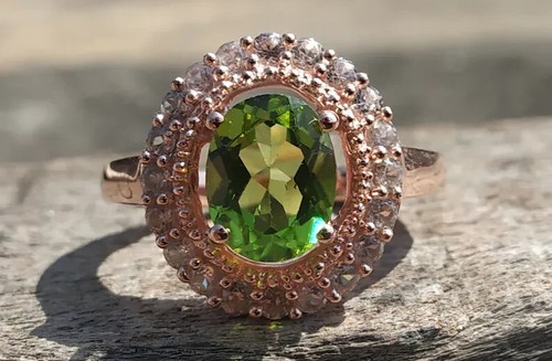 Rose Gold Plated Natural Green Peridot Ring 925 Sterling Silver Victorian Ring - Picture 2 of 11