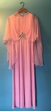 Vtg Pink Chiffon Nightgown Empire Goddess Cape Overlay Beaded Gown Union USA