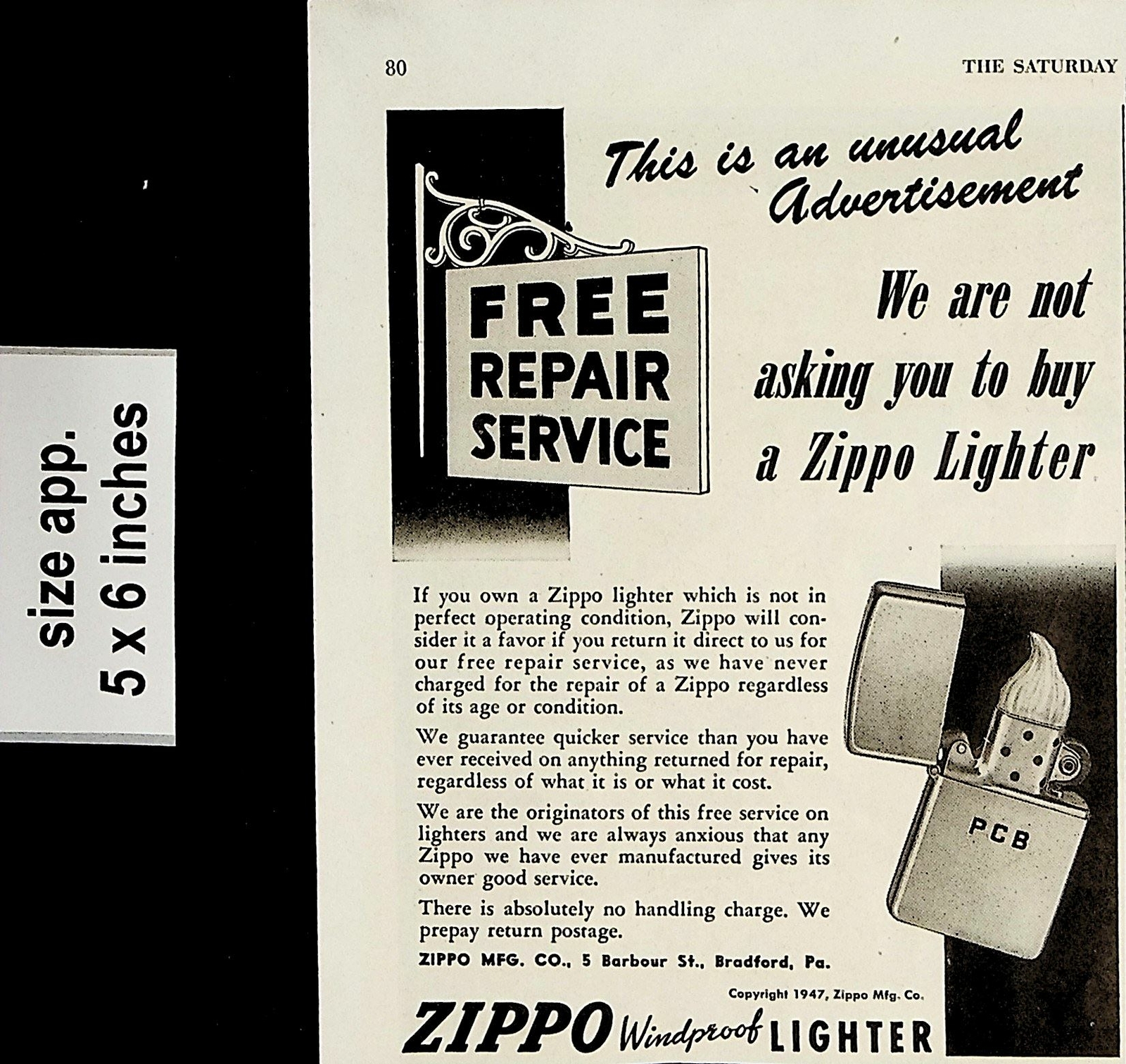 1947 Free Repair Service Zippo Windproof Lighter Vintage Print Ad 5852
