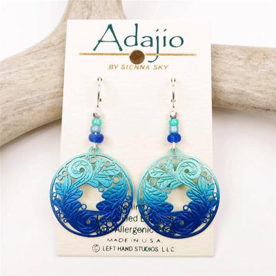 Orecchini Artigianali Adajio A Disco Blu Con Motivo Foglie - Pendenti In Ottone Fatti A Mano USA