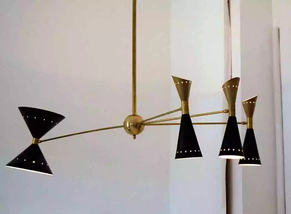 Four Arm Brass Asymmetrical Chandelier Black Gold Pivot Shades Stilnovo Style