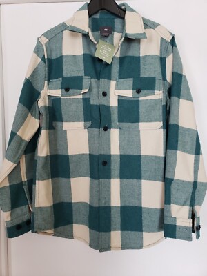 NWT H&M Plaid Flannel Shirt Long Sleeve White And Green Mens Sz M 