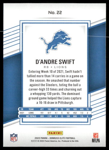 D'Andre Swift 2022 Donruss Elite #22 Detroit Lions - Imagen 2 de 2