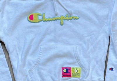 Champion Reverse Weave Hoodie With 1919 Patch Sz. Small White | eBay