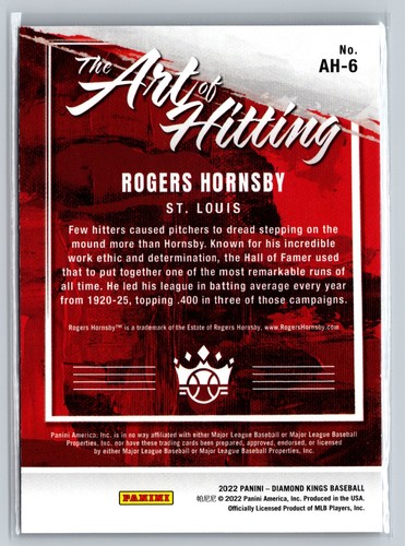 2022 Panini Diamond Kings #AH-6 Rogers Hornsby The Art of Hitting Cardinals - Picture 2 of 2