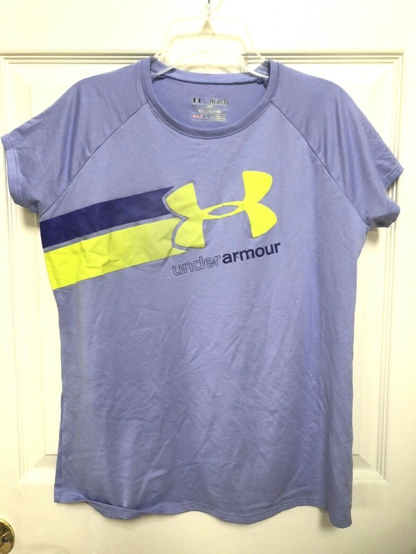 Girl's Under Armour HeatGear Loose Fit Periwinkle Lime Green Athletic T Shirt XL