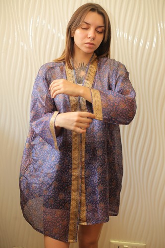 Pure Silk Short Kimono Duster Jacket Cardigan Cap Loose Robe Black PS KMS3192 - Picture 4 of 10