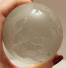 Vintage Frosted  Clear Etched Glass Globe Paperweight   World Map Sphere