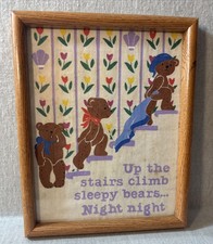 Vintage Nursery Wall Decor Unisex Storybook Sleepy Bears Hand Painted Fabric Art
