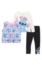 Disney Stitch Girls  3-Piece Outfit Set   Puffer Vest, Long Sleeve  Cutie  ...