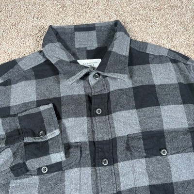 American Eagle Mens Grey Black Buffalo Plaid Super Soft Flannel Shirt Size M