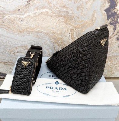 Prada Raffia Effect Crochet Triangle Black Shoulder Bag | eBay